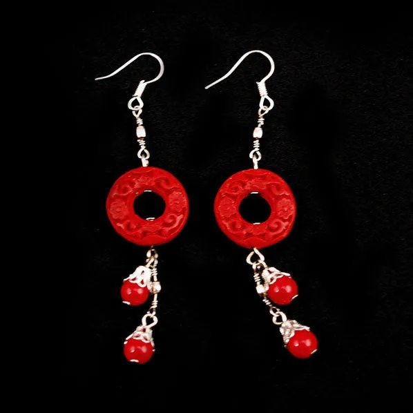 Handmade Chinese Carved Lacquer Earrings Circle Red