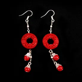 Handmade Chinese Carved Lacquer Earrings Circle Red
