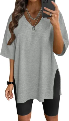 Neweek Womens Oversized Workout T Shirts Short Sleeve V Neck Side Slit T-Shirt Summer Casual Basic Tee Tops Loose Fit