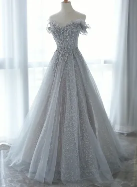 Sliver Grey Tulle Sweetheart Party Dress, A-line Tulle Floor Length Prom Dress